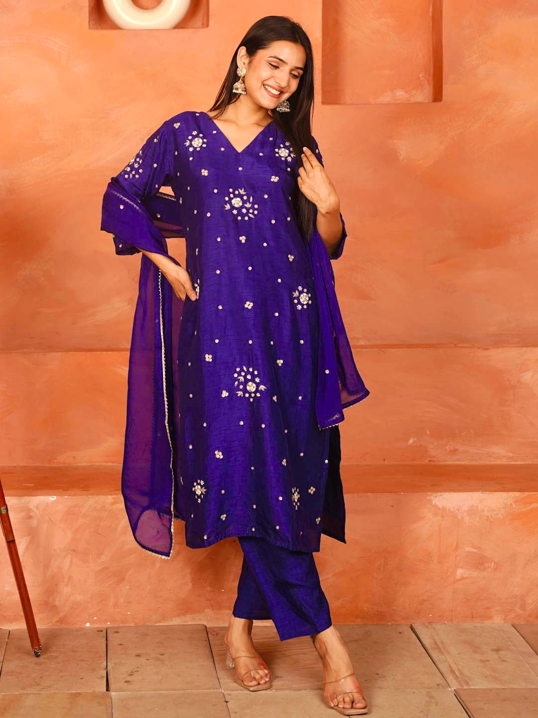 Indigo Purple Handwork Suit Set With Dupatta
