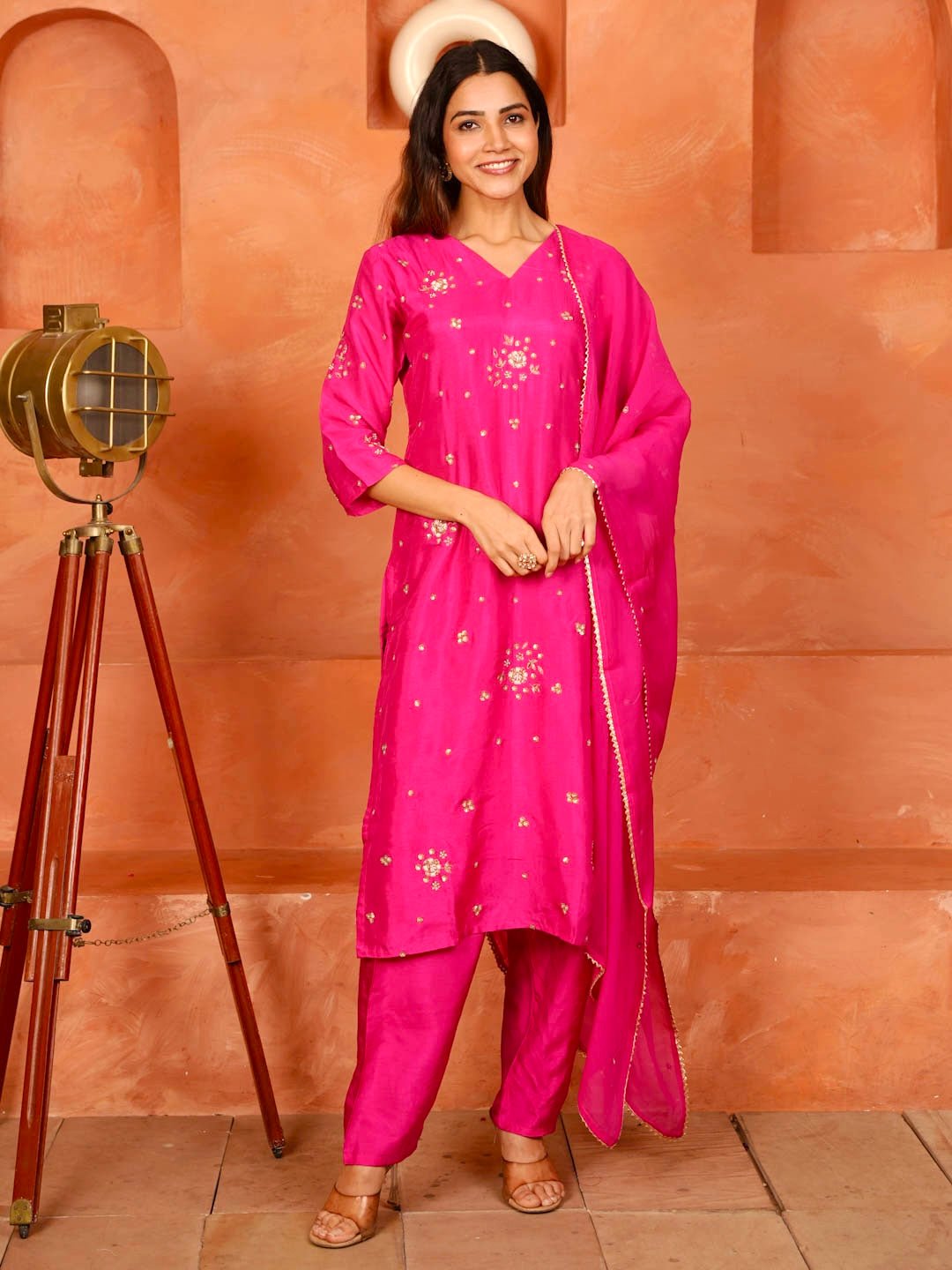 Rani Pink Handwork Suit Set With Dupatta