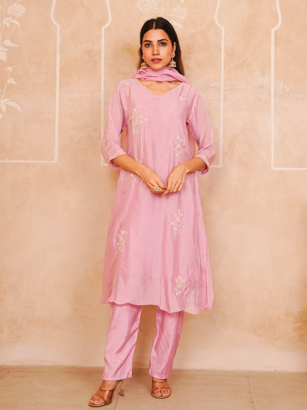 Blush Pink Handwork Suit Set With Dupatta