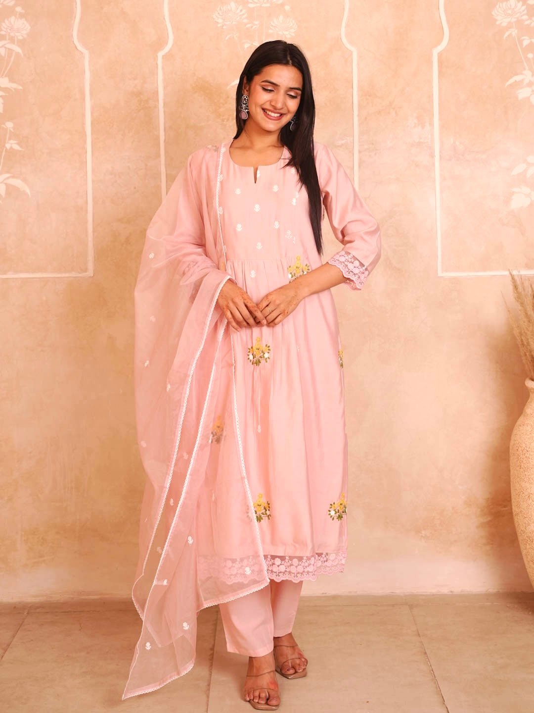 Petal Pink Chanderi Suit Set With Embroidery