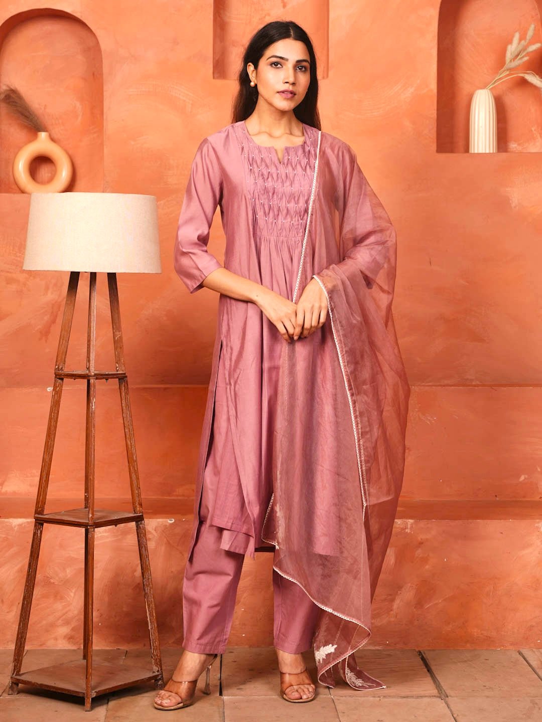 Earthy Pink Smocking Work Suit Set With Organza Dupatta