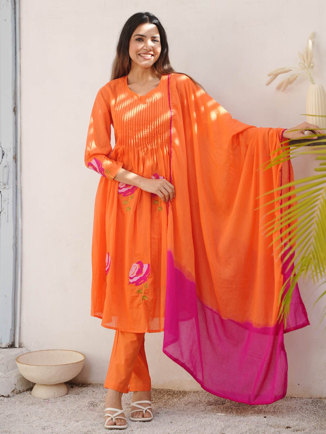 Orange And Pink Printed Flower Cotton Suit Set