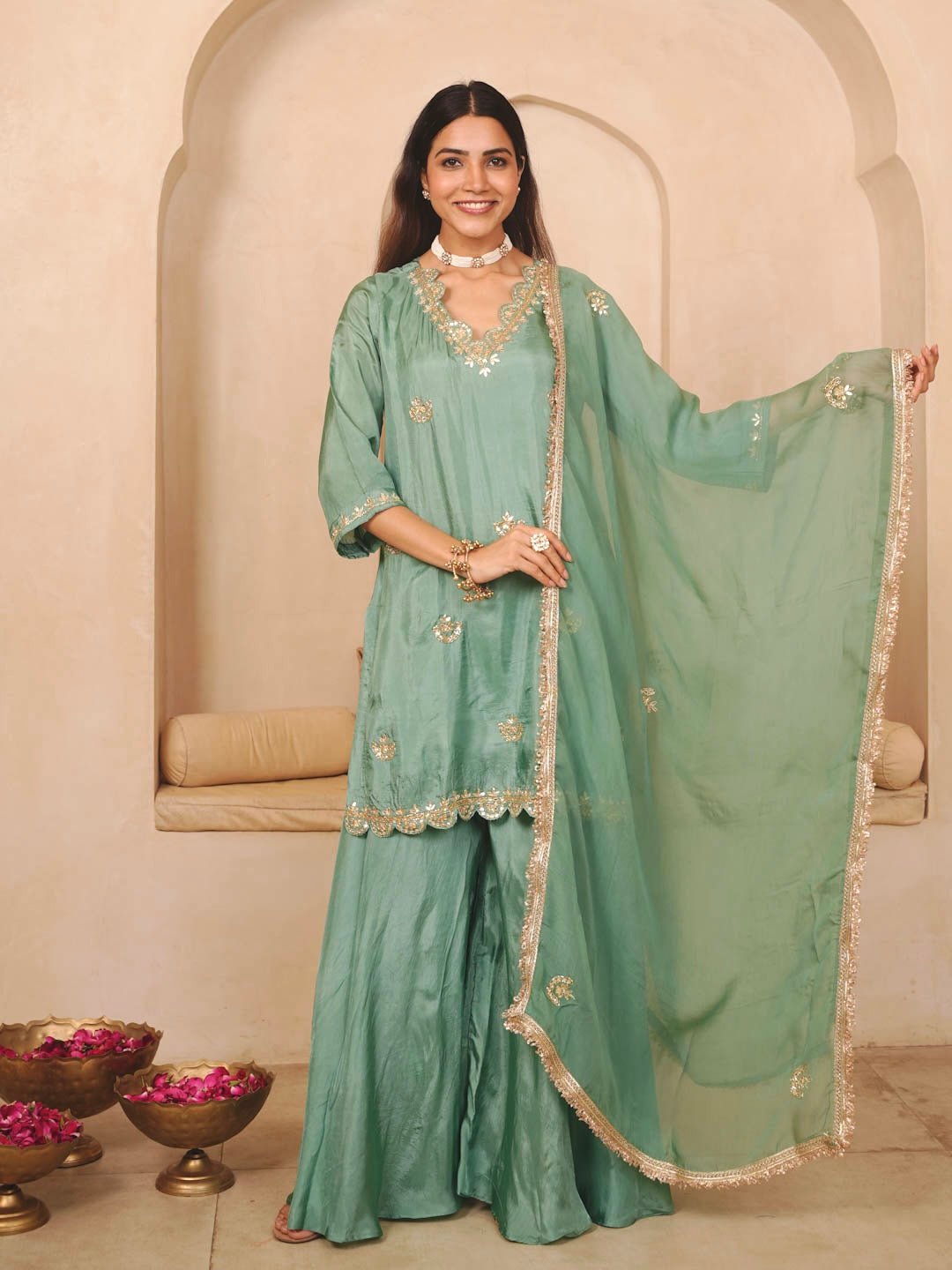 Sea Green Palazzo Set With Organza Dupatta