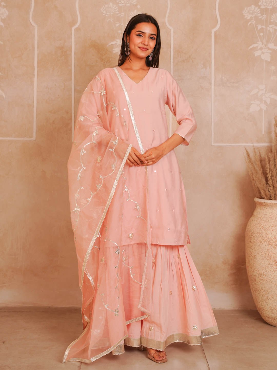 Peach Pink Chanderi Sharara Set With Organza Dupatta