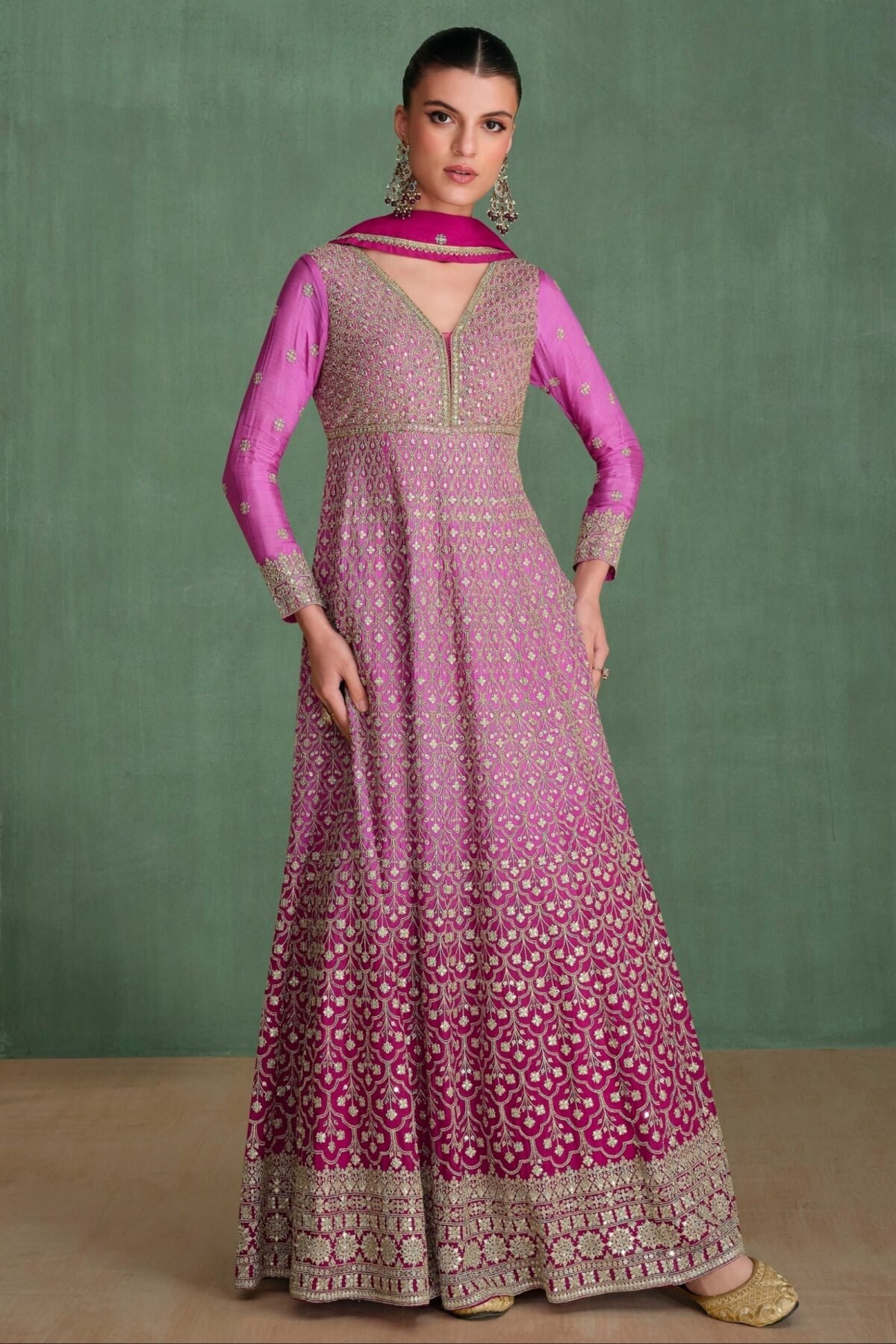 Stunning Purple Georgette Anarkali Gown With Embroidered Dupatta
