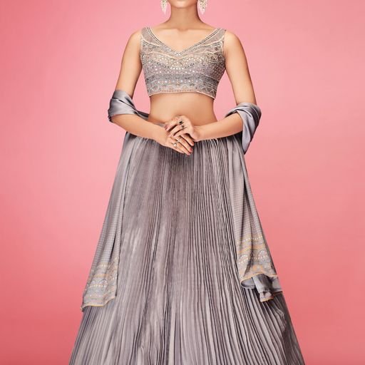 Designer Grey Color Lehenga Choli With Crush ,  Thread And Hand  Work    Wedding Party Wear Lehenga Choli With Dupatta