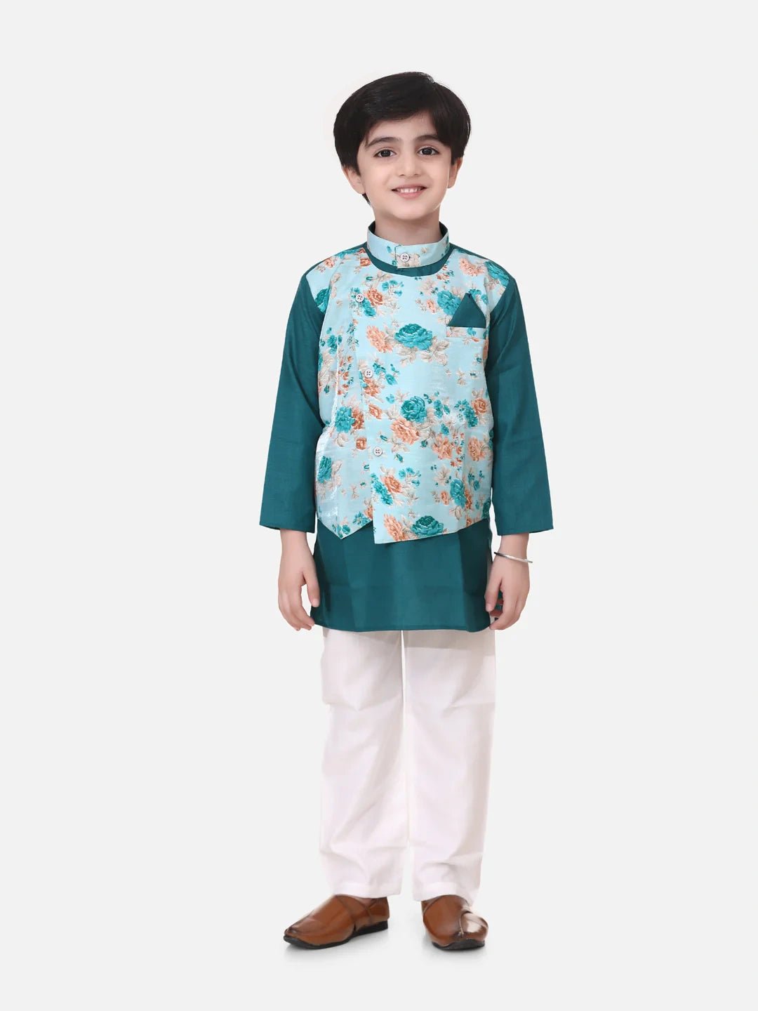 Fast Wear Full Sleeves Kurta With Attached Flower Printed Jacket and Pajama Sets Green