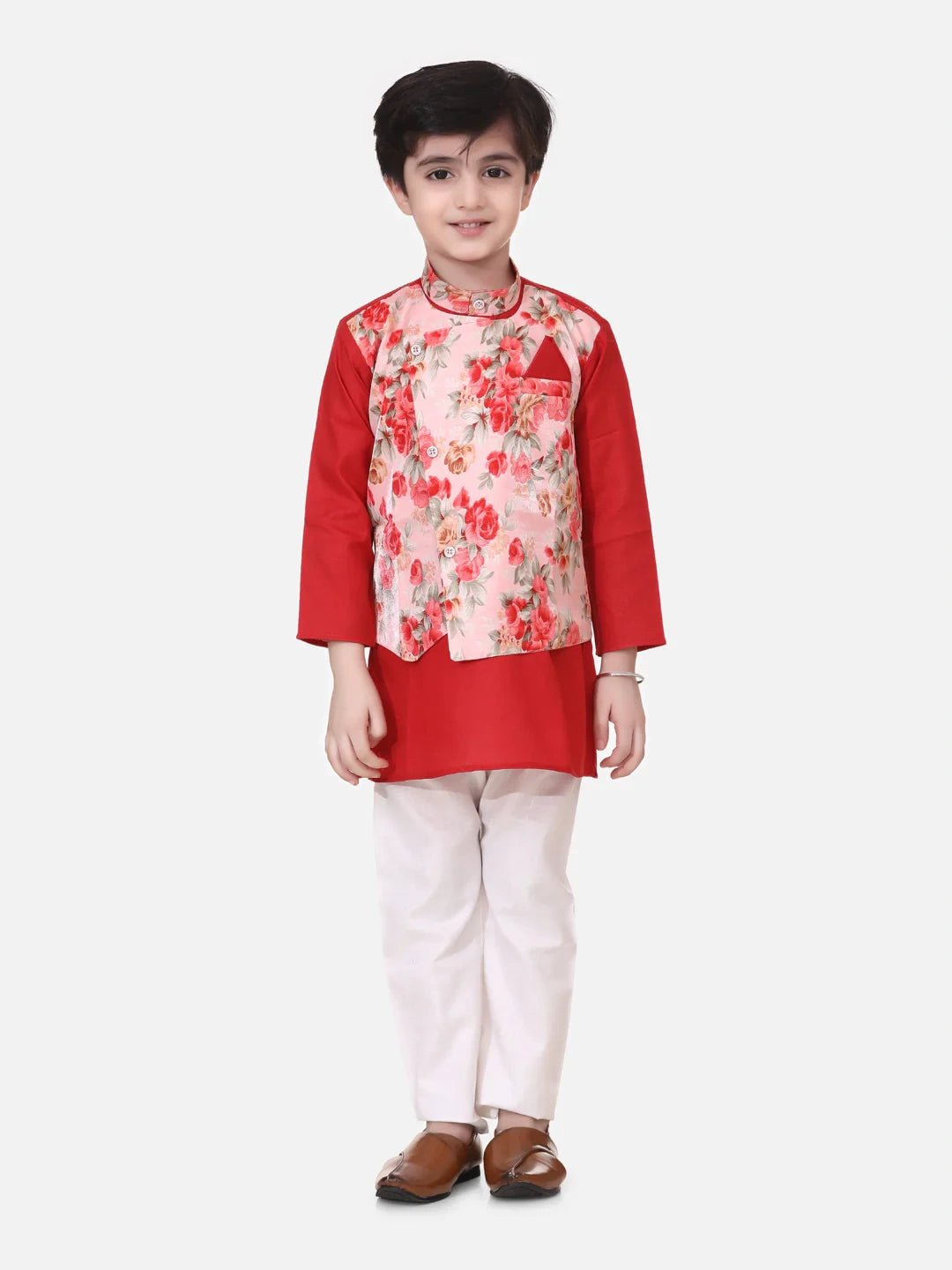 Fast Wear Full Sleeves Kurta With Attached Flower Printed Jacket and Pajama Sets