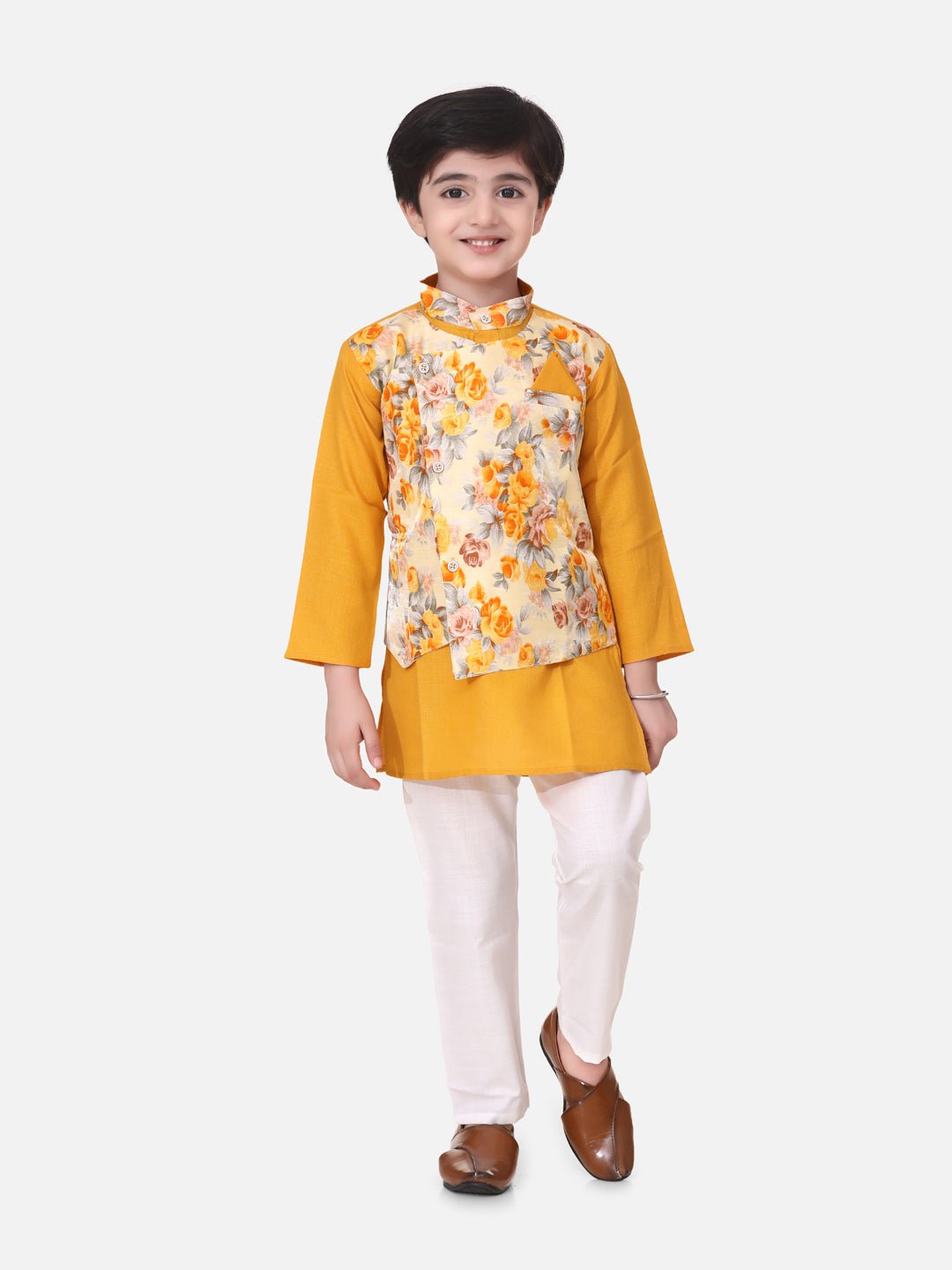 Fast Wear Full Sleeves Kurta With Attached Flower Printed Jacket and Pajama Sets Yellow