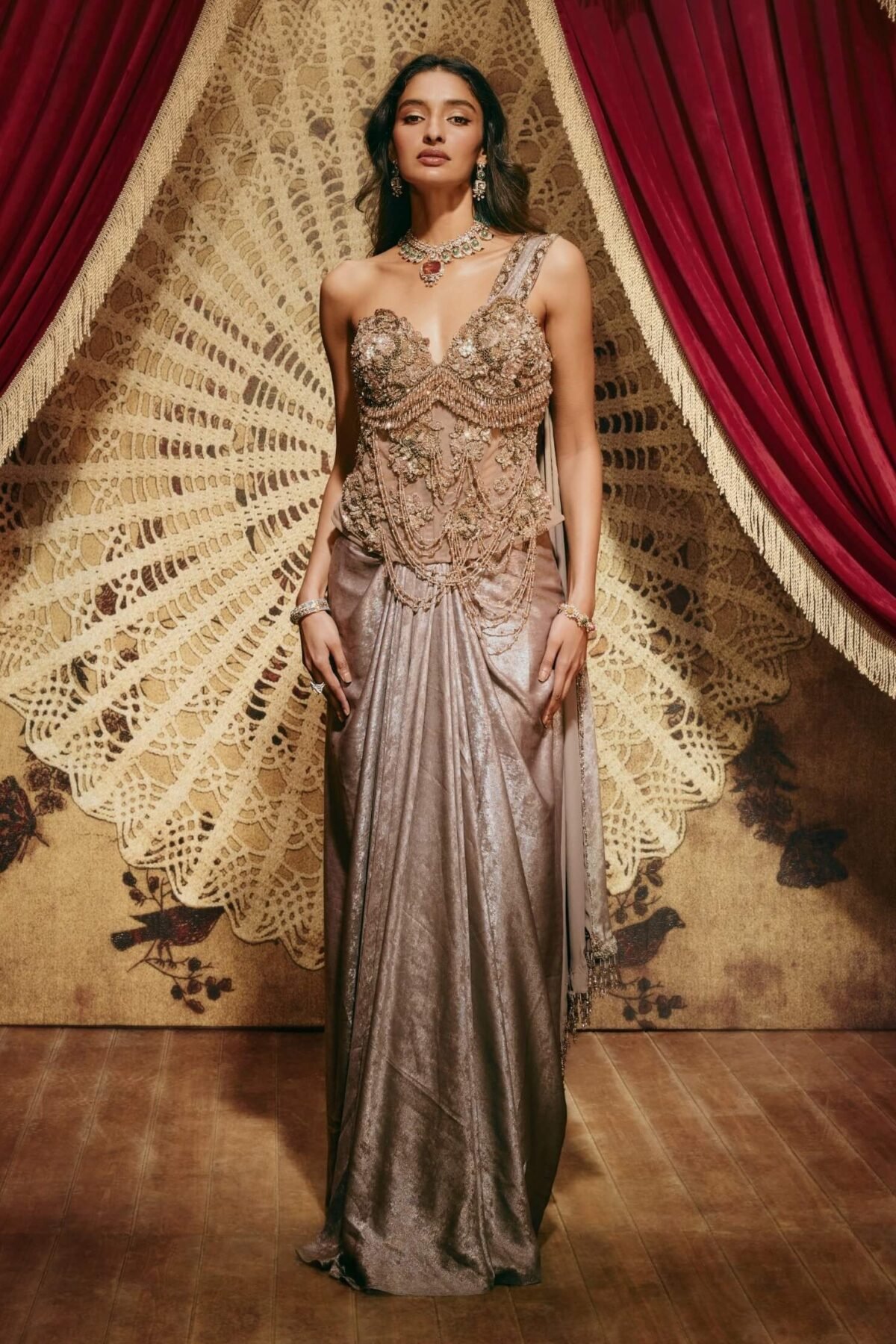Hannah metallic grey drape sari and corset