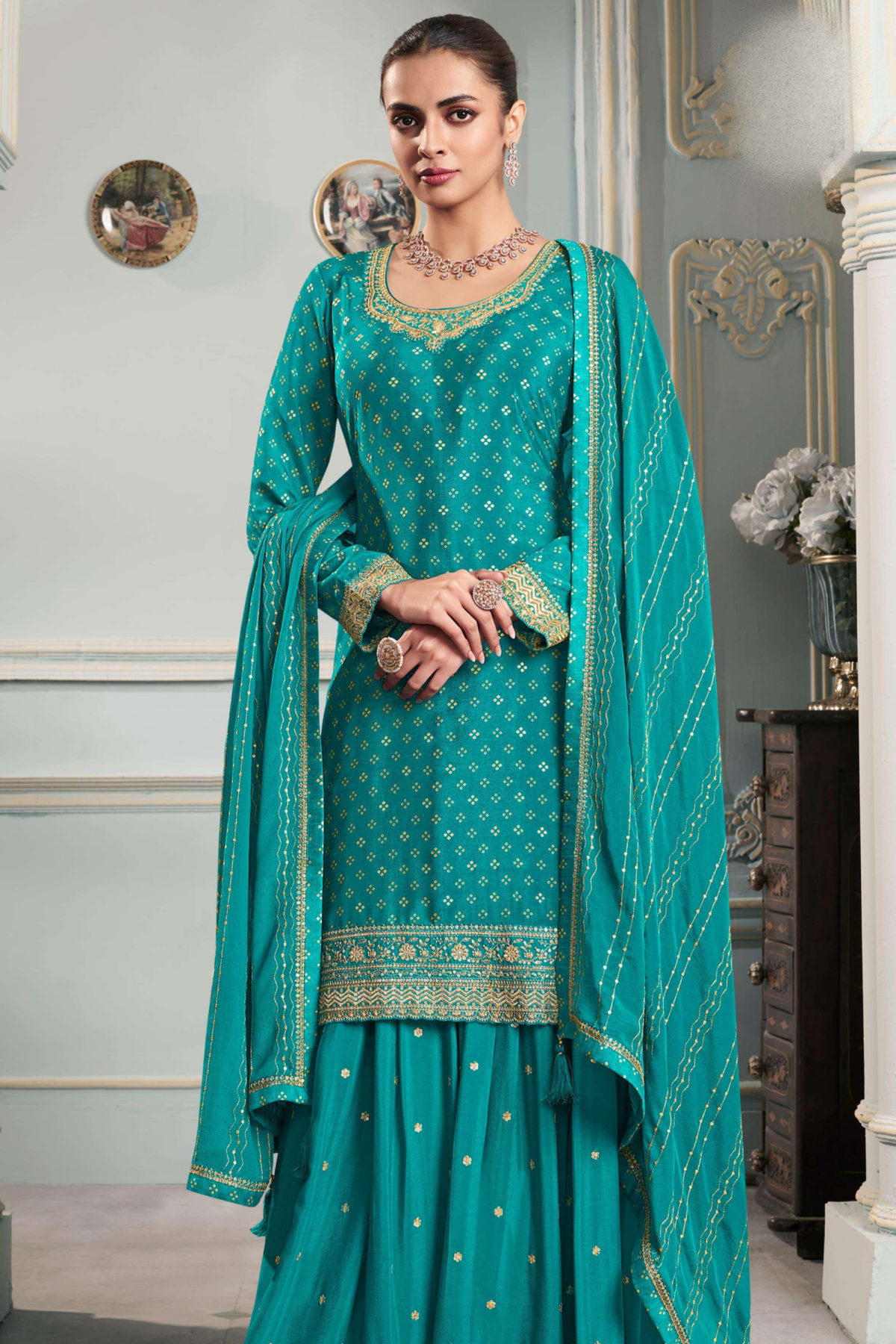 Designer Sharara Sets In Teal With Chinon Silk Elegance