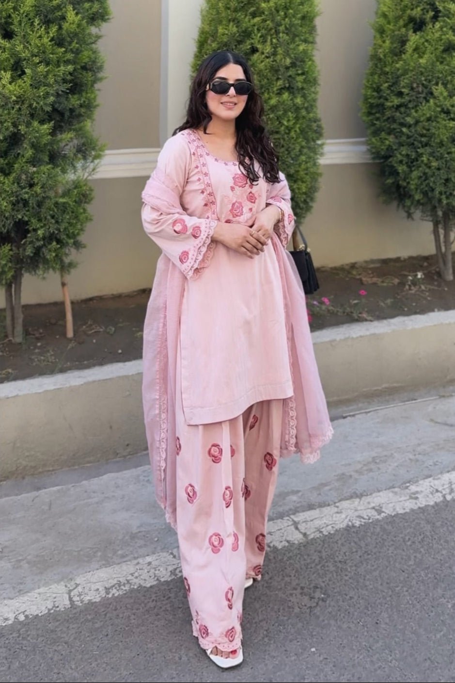 Pink Pure Natural Crepe Embroidered Farshi Palazzo Set with Dupatta