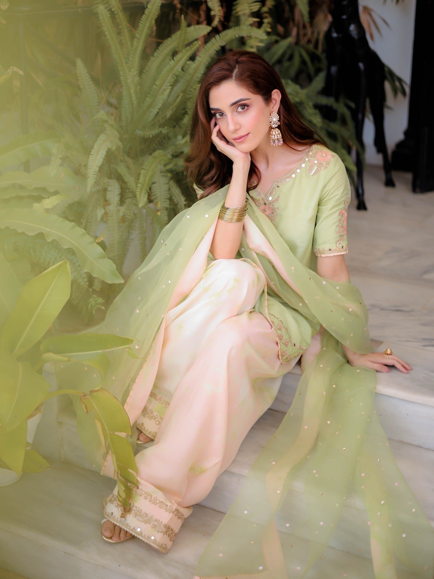 Light Green Pure Natural Crepe Embroidered Farshi Palazzo Set with Organza Dupatta