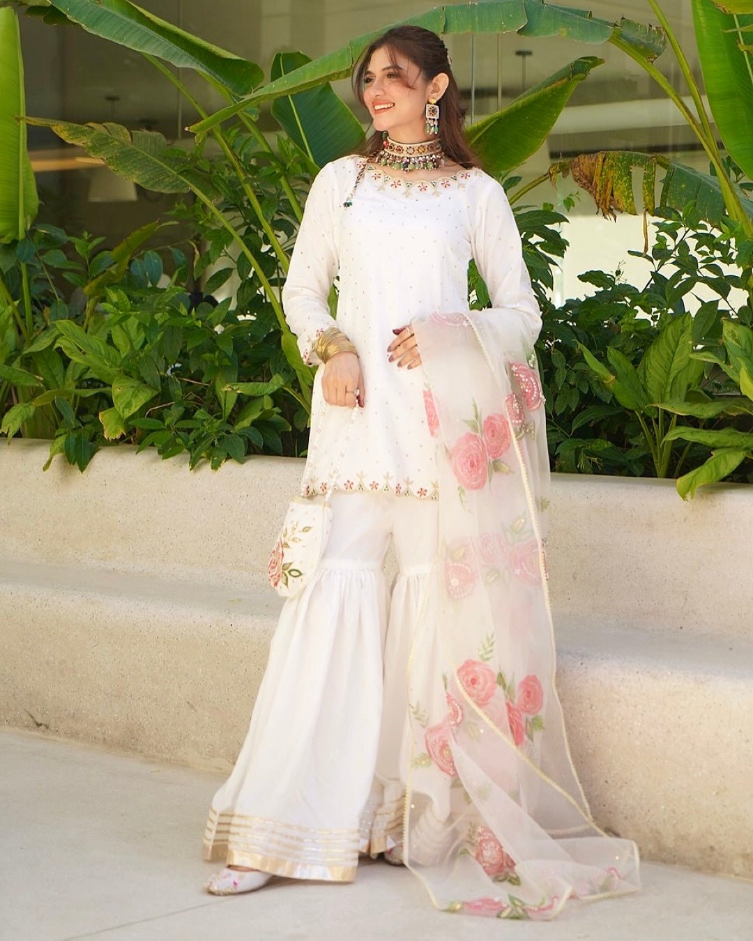 Off White Pure Natural Crepe Embroidered Sharara Palazzo Set with Dupatta