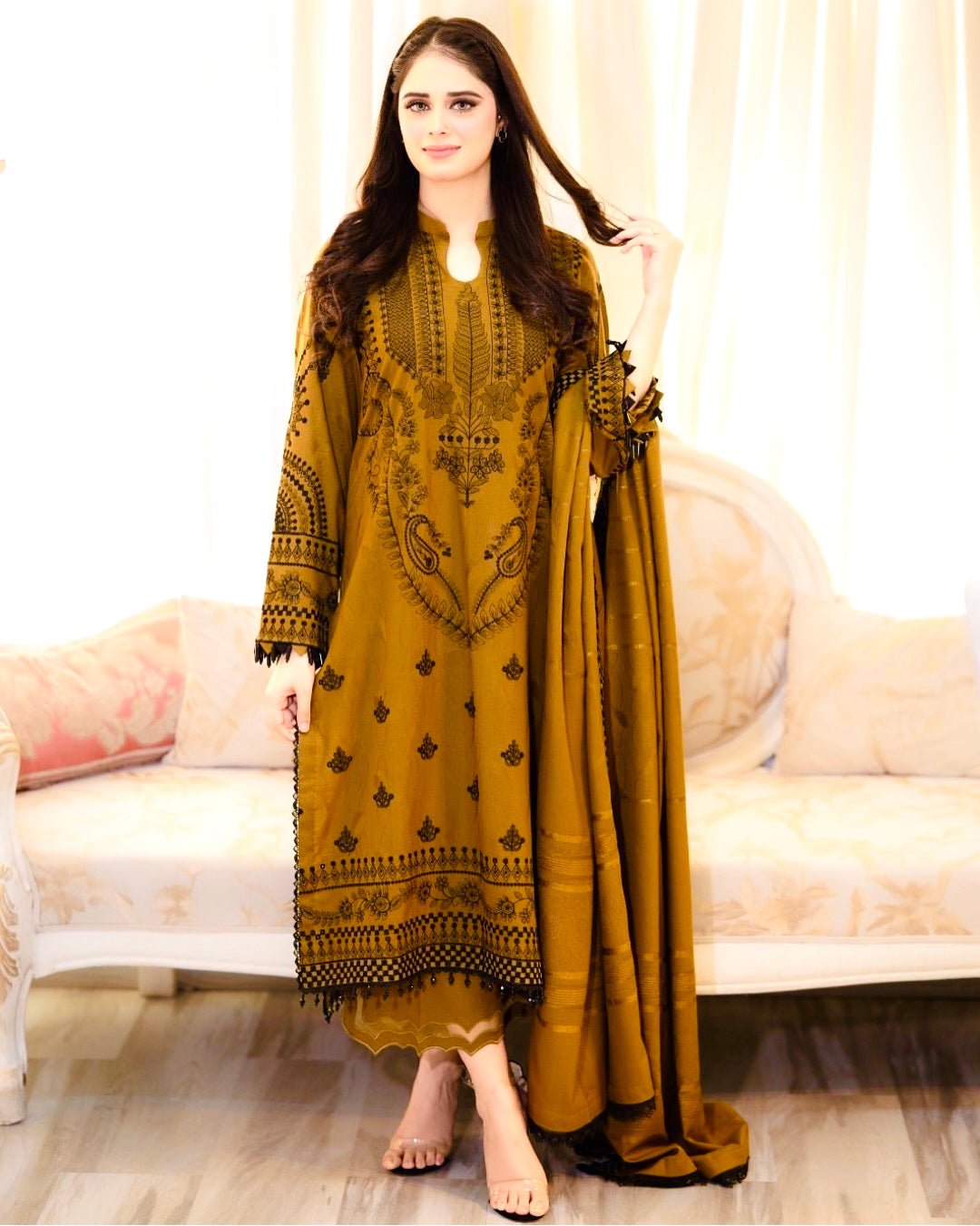 Brown Heavy Faux Georgette Embroidered Palazzo Set with Dupatta