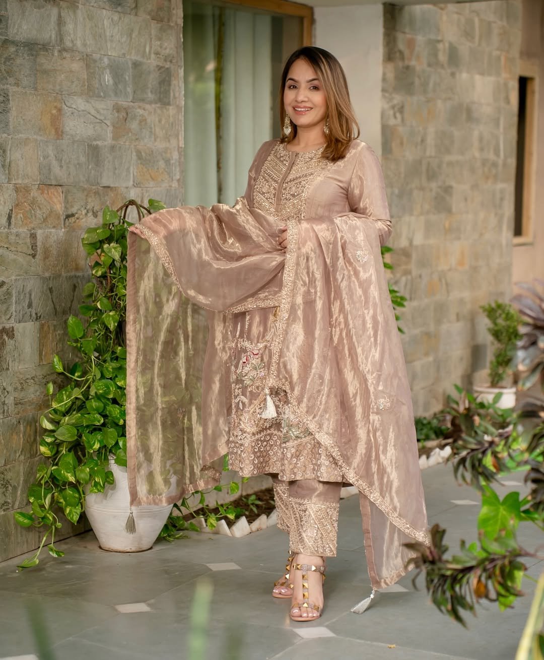 Beige Fandy Silk Embroidered Anarkali Suit Set