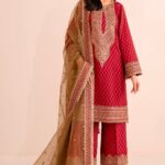 Red Printed Chinon Silk Top, Palazzo & Dupatta Set