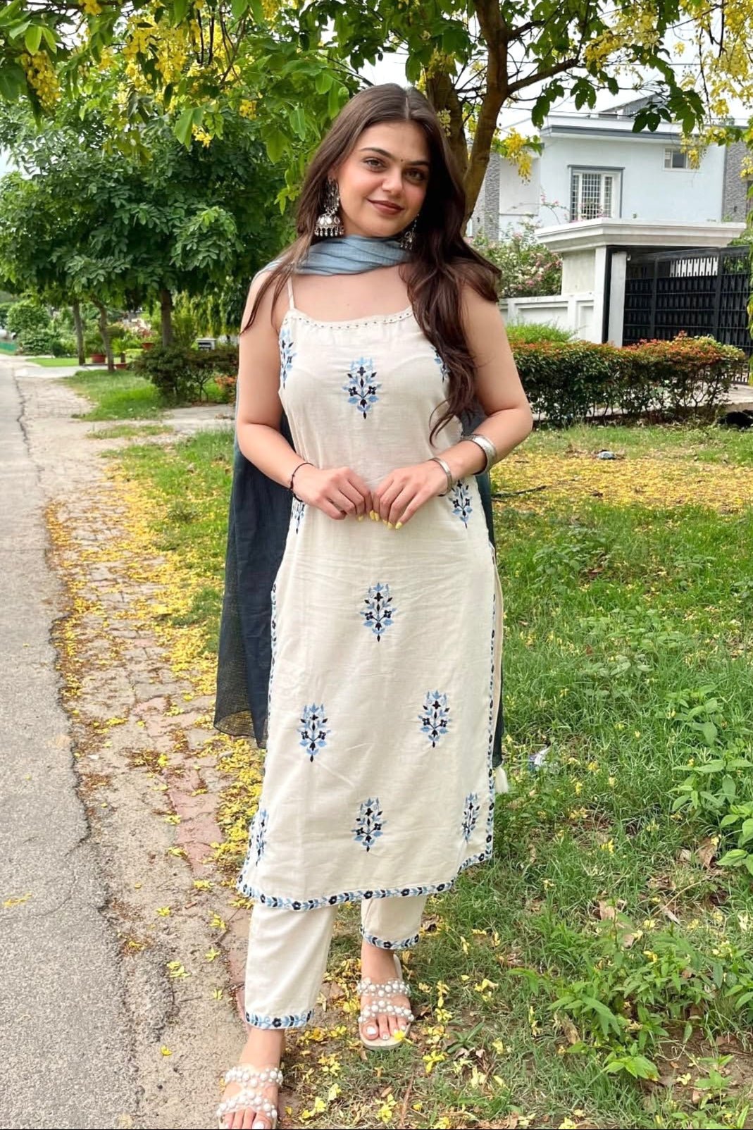 White Kora Khadi Cotton Spaghetti Top, Pant & Dupatta Set