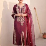Maroon Pure Natural Satin Silk Palazzo Set with Organza Dupatta