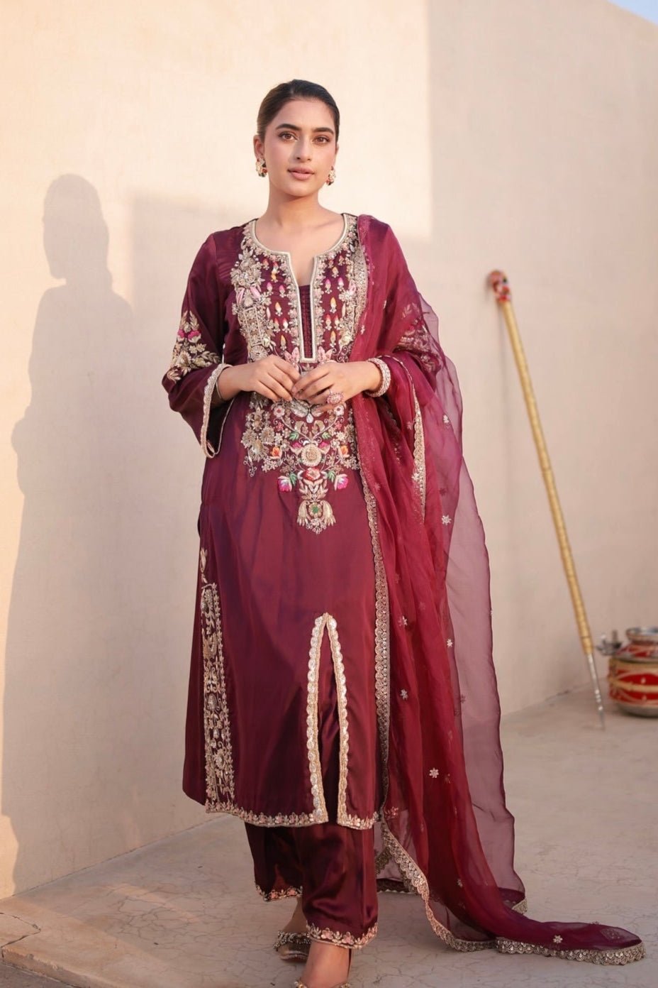 Maroon Pure Natural Satin Silk Palazzo Set with Organza Dupatta