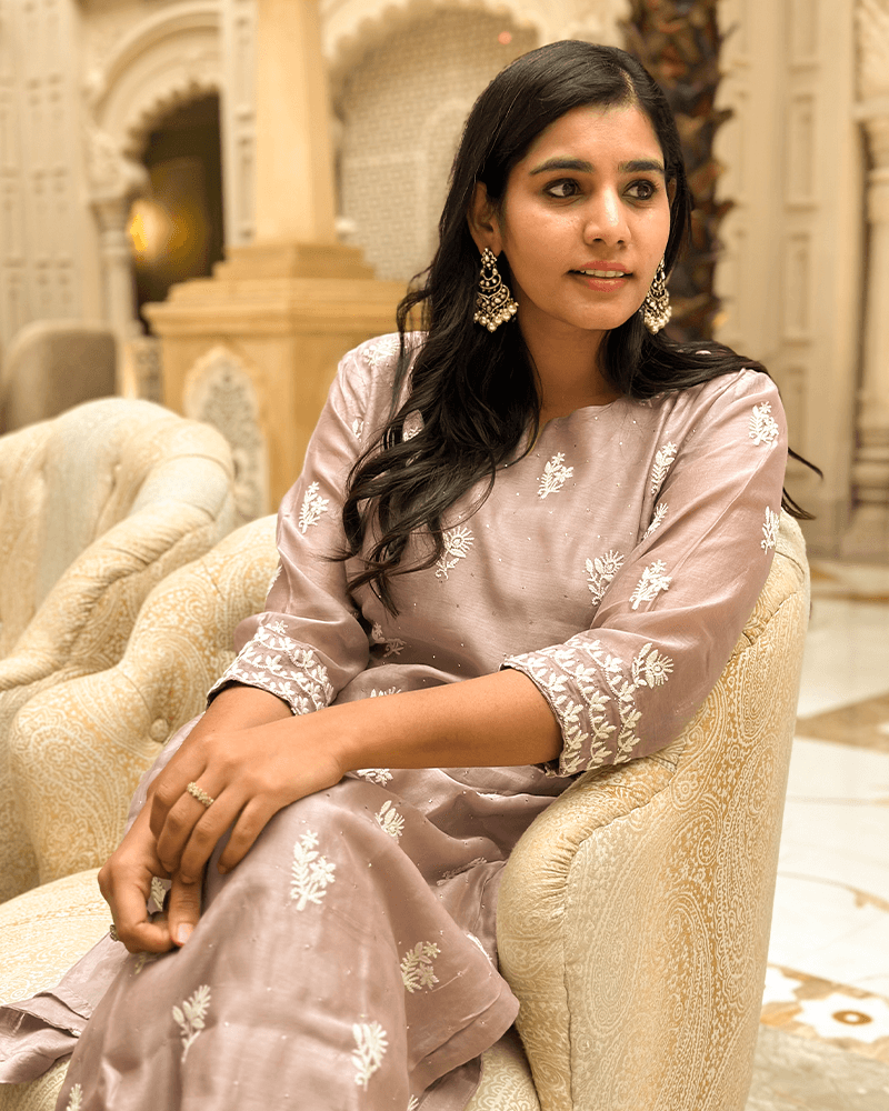 Mauve Mul Chanderi Kurta Set With Embroidery
