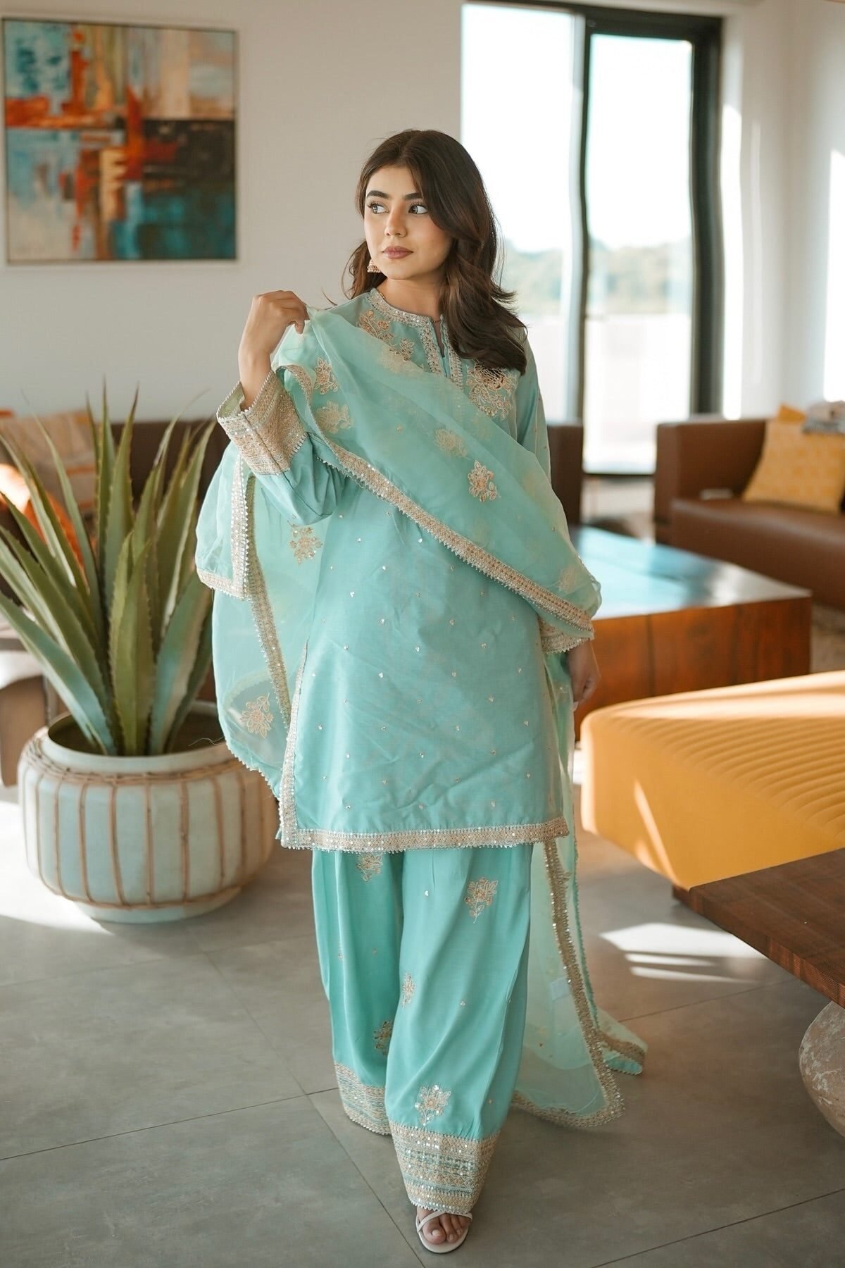 Blue Pure Natural Crepe Top & Farshi Palazzo with Dupatta Set