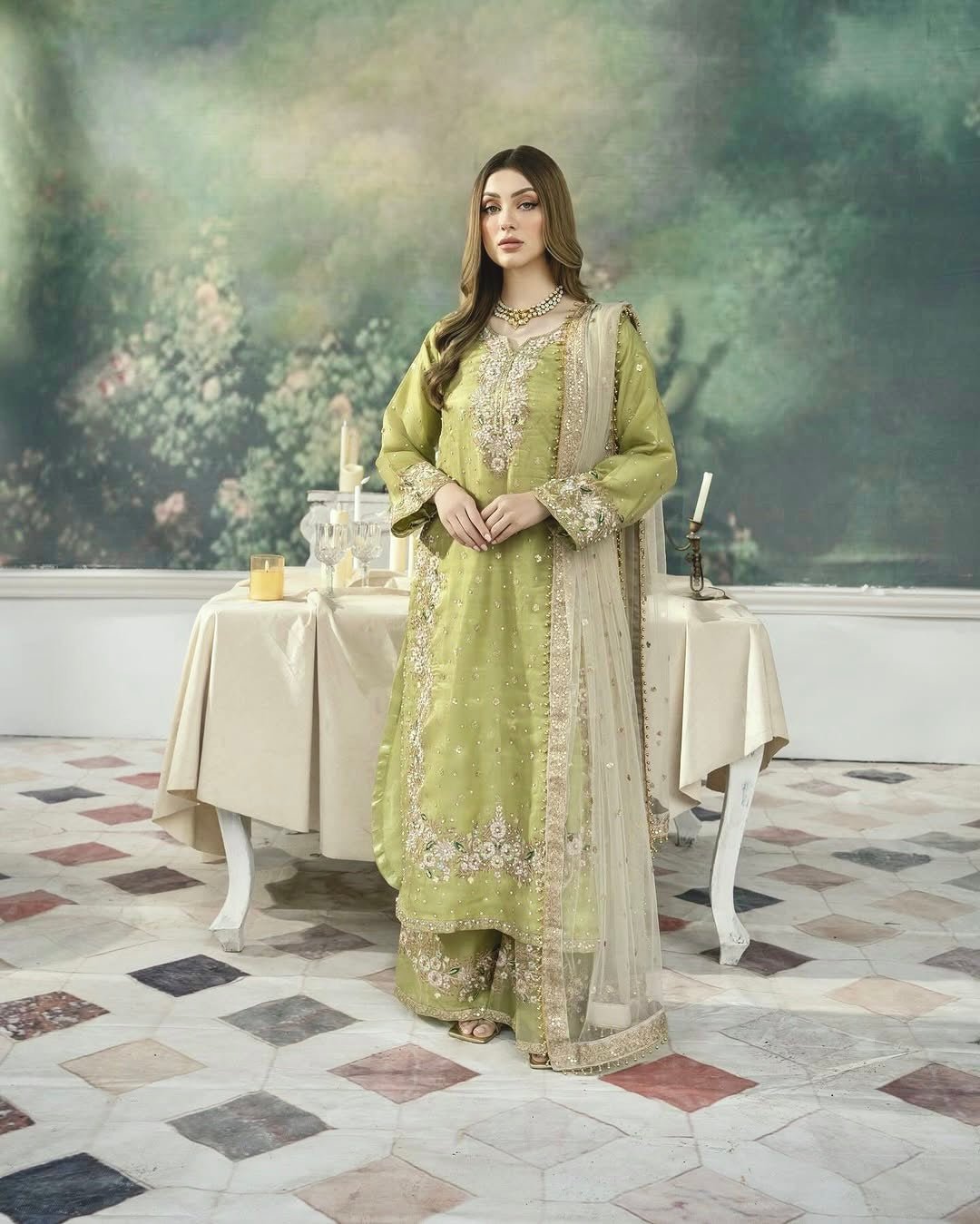 Pure JC Silk Embroidered Top, Plazzo & Dupatta Set