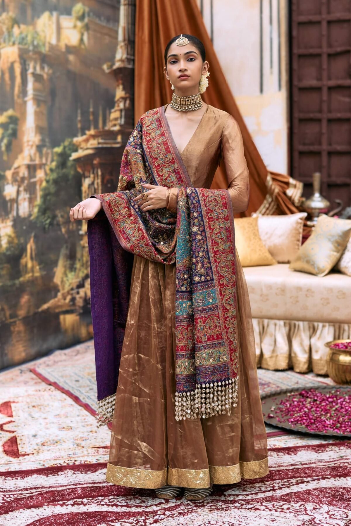 Copper and purple kanthi anarkali set