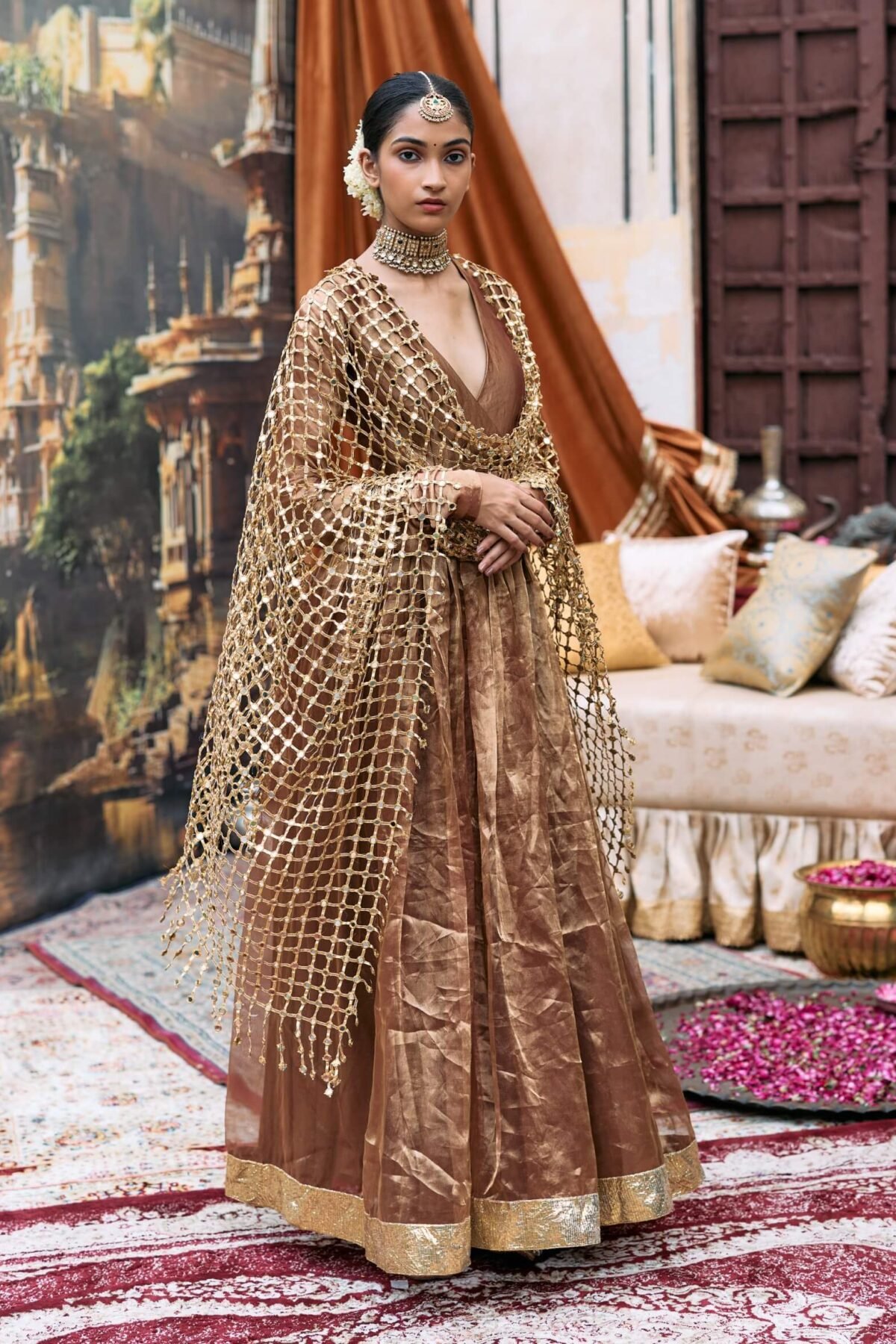 Copper kanthi anarkali and jaal dupatta set