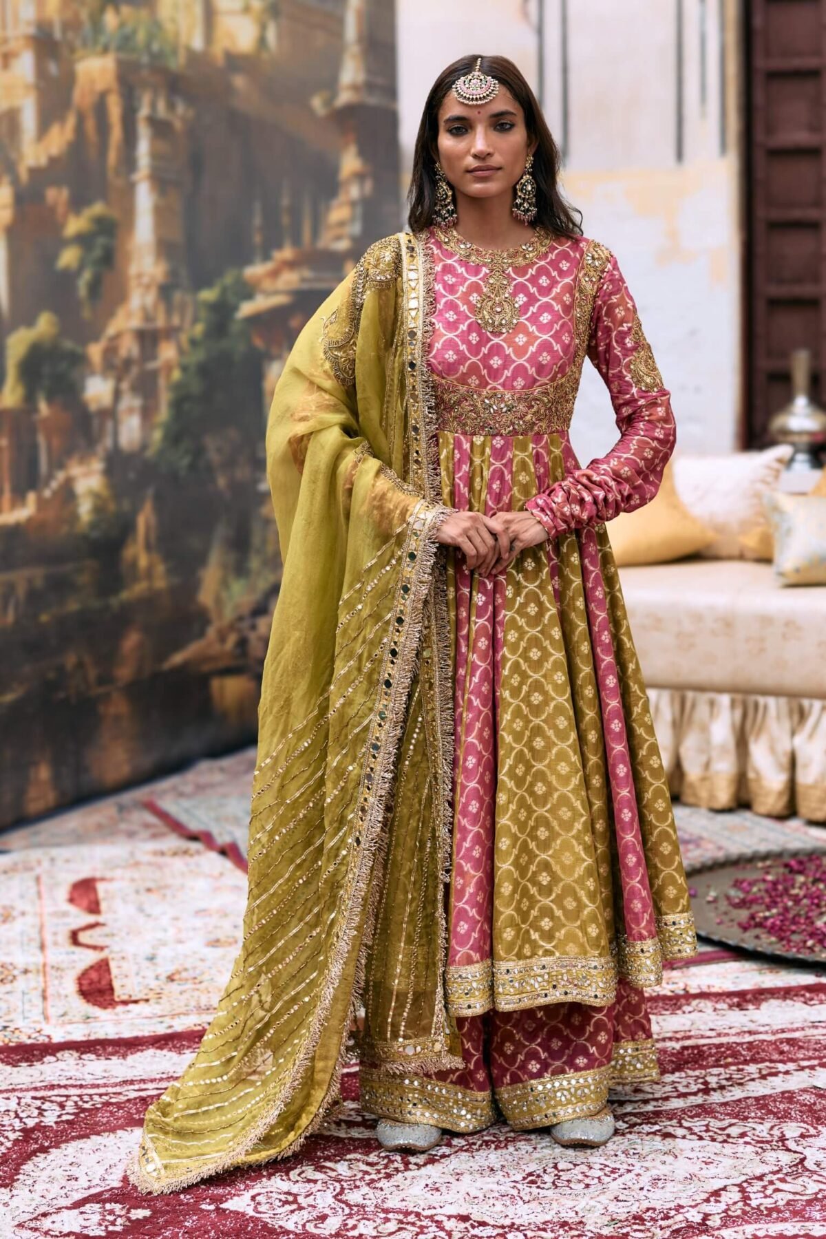 Pink yellow-green torana anarkali set