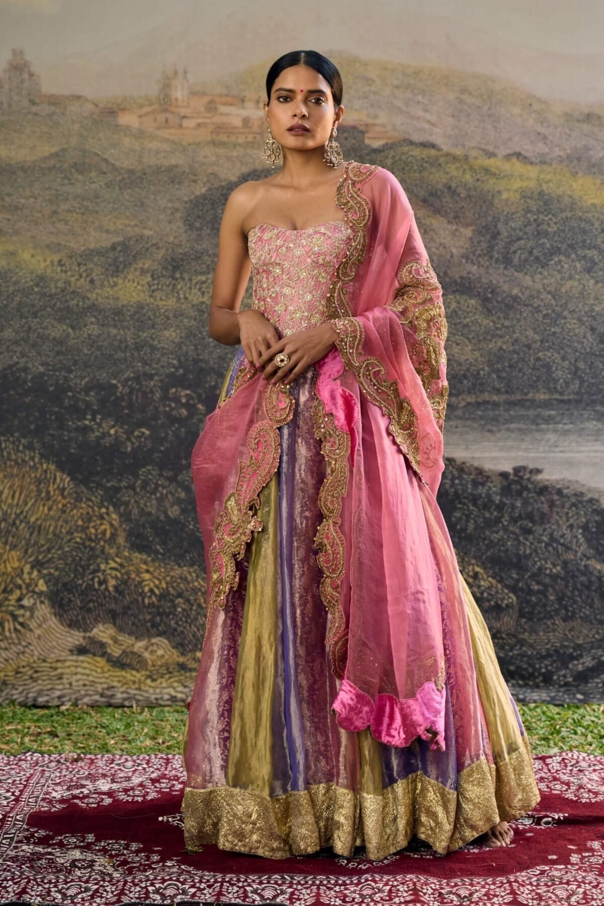 Rangoli zari pink purple green lehenga set