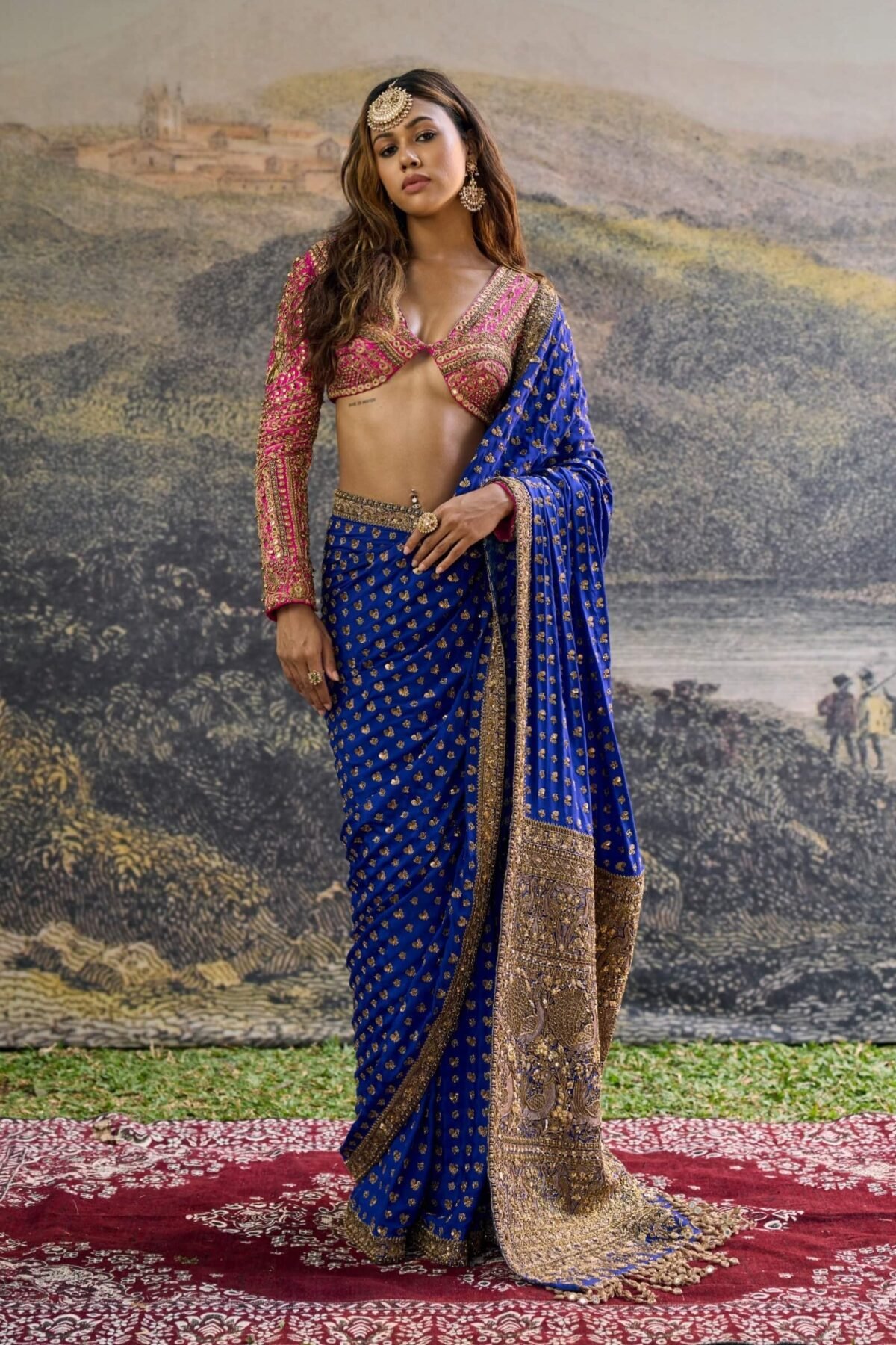 Neelpari dabka blue pink silk sari and blouse