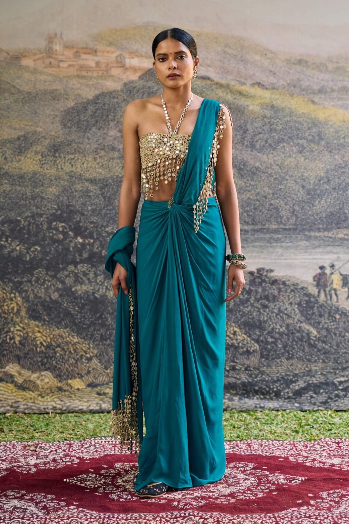 Nalini teal draped sari and corset