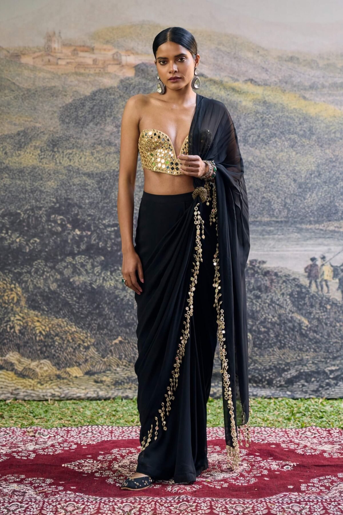 Shyama black mirror pre-draped sari and blouse
