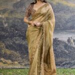 Zarvika olive purple fusion tissue sari and blouse