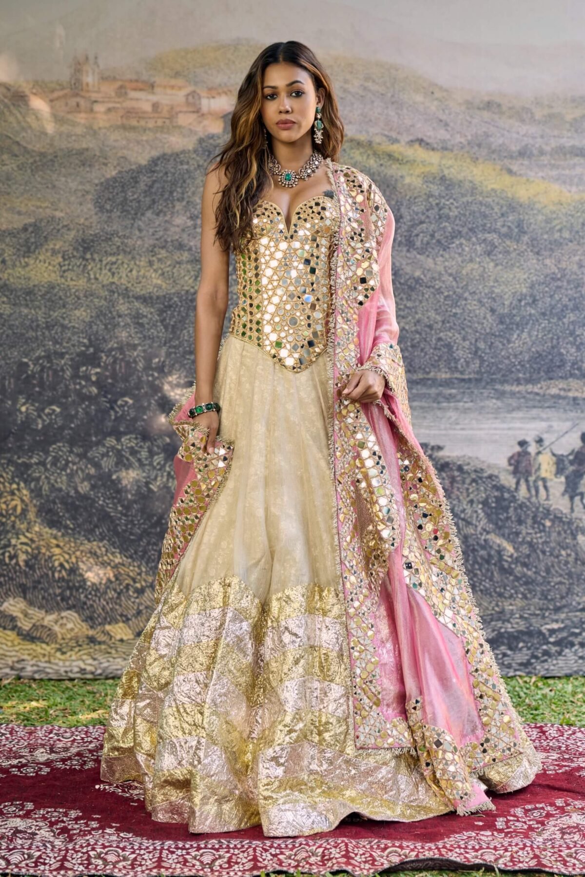 Sunehri roshan gold pink mirror lehenga set