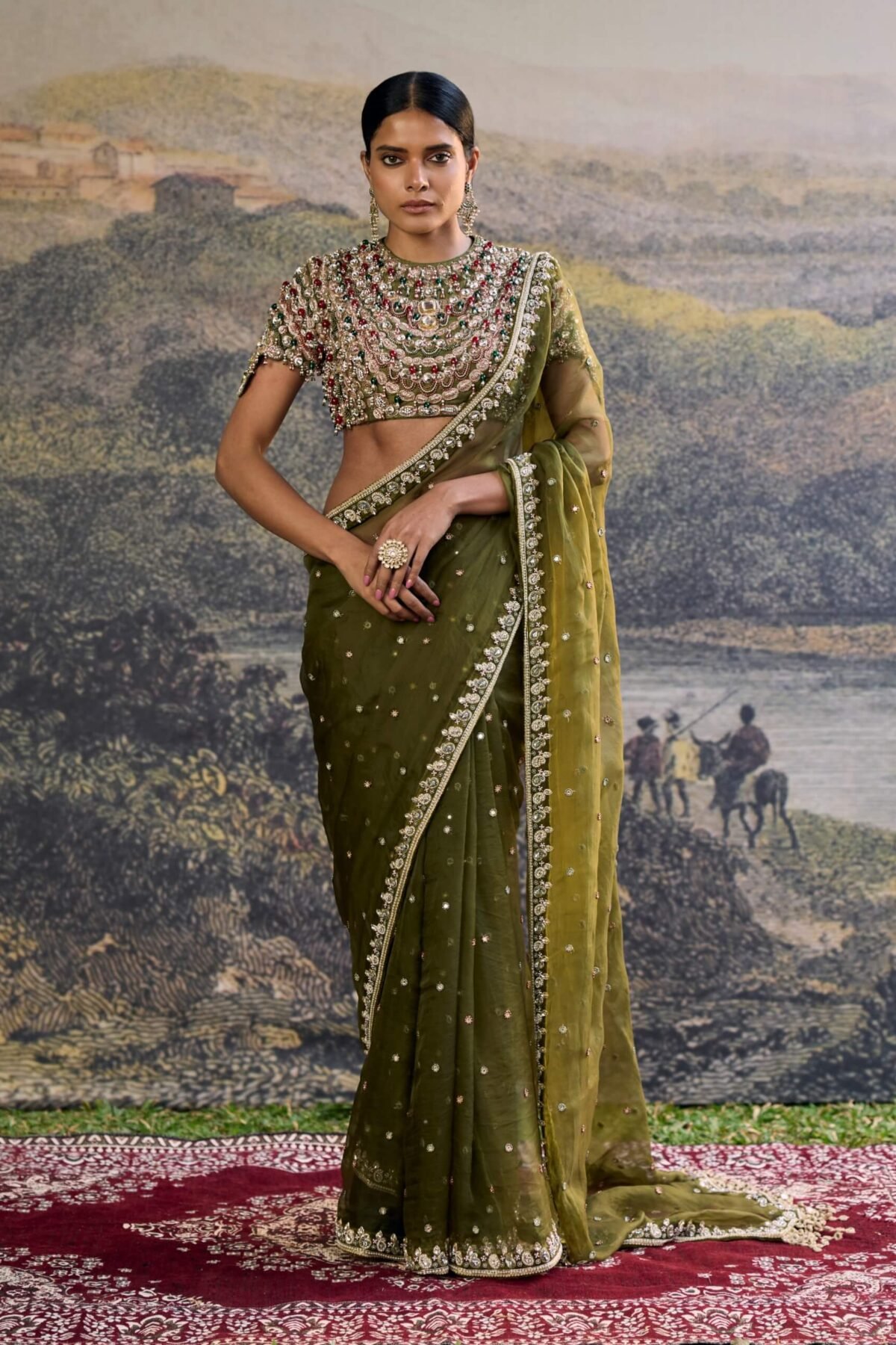 Zoya jewel olive organza sari and blouse