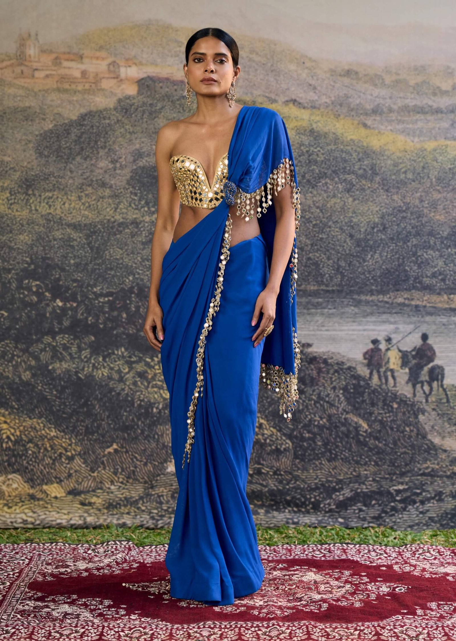 Neelanjana electric blue mirror sari and corset