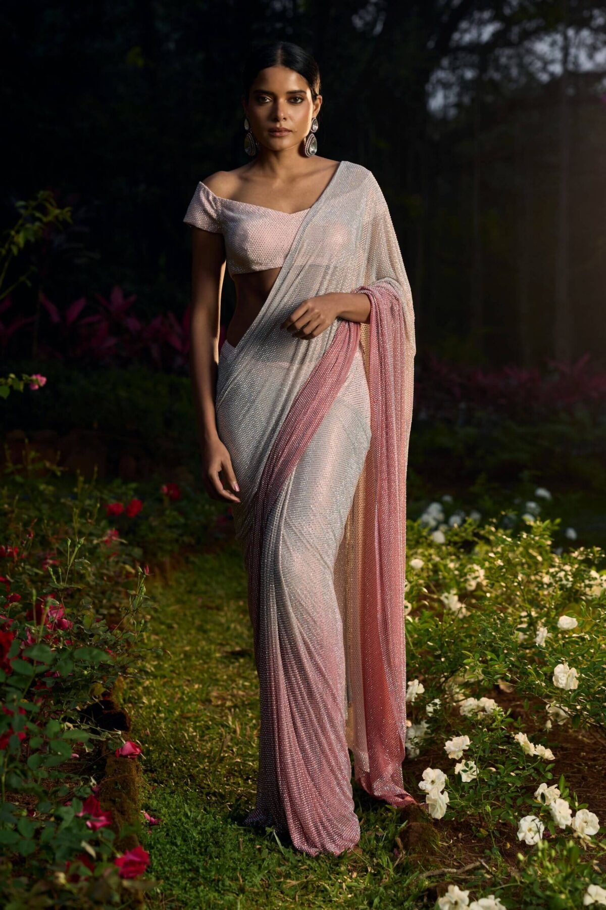 Gulrangi pink ombre crystal sari and blouse