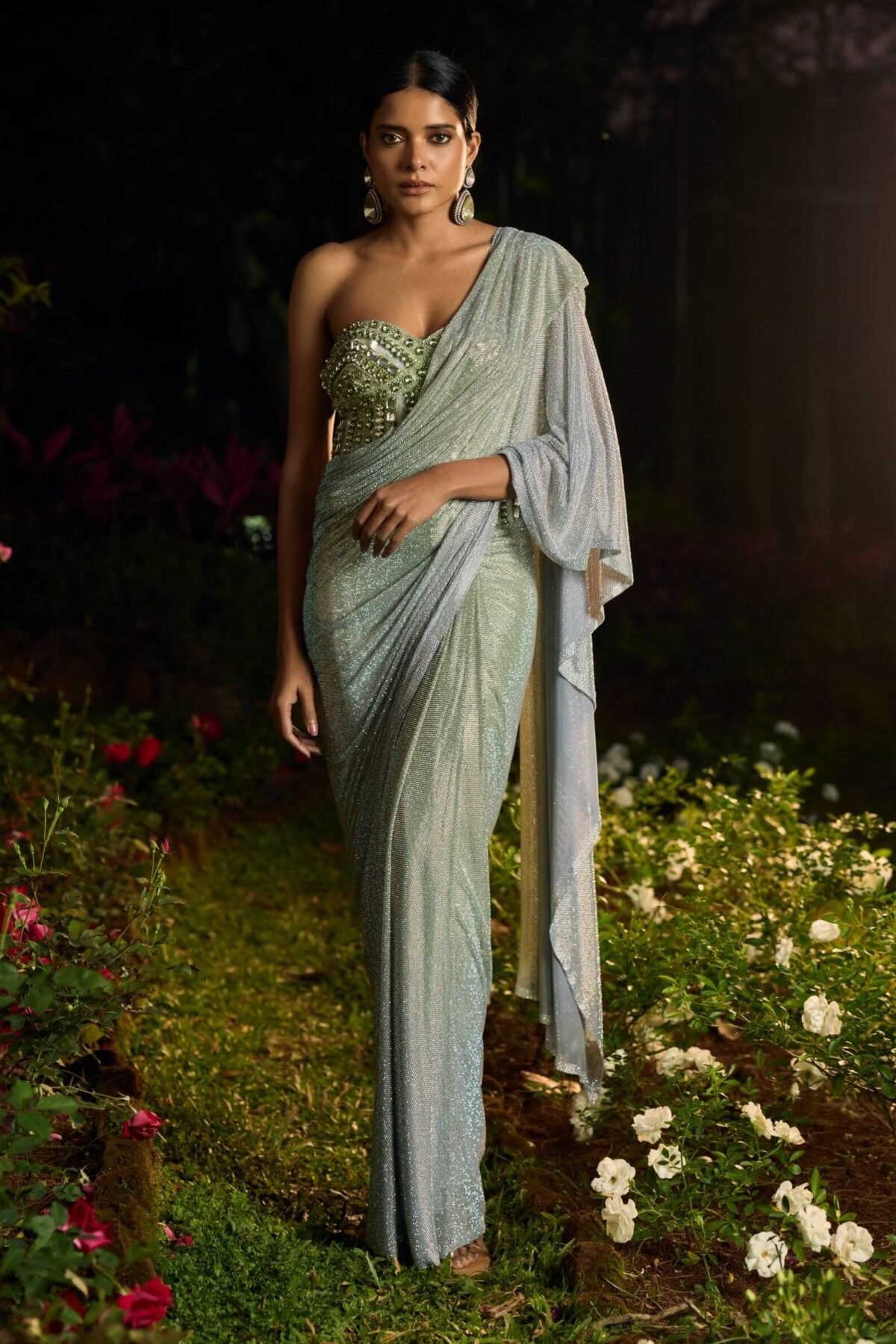 Pista noor mint green crystal sari and corset