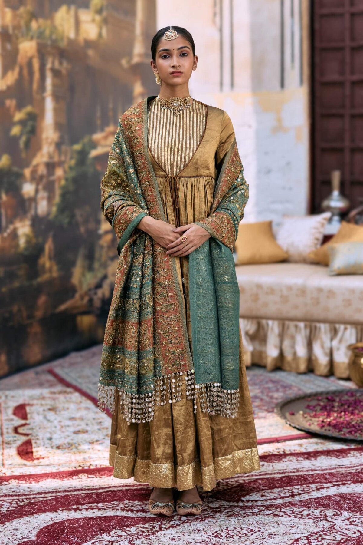 Bronze and green pitambara anarkali set