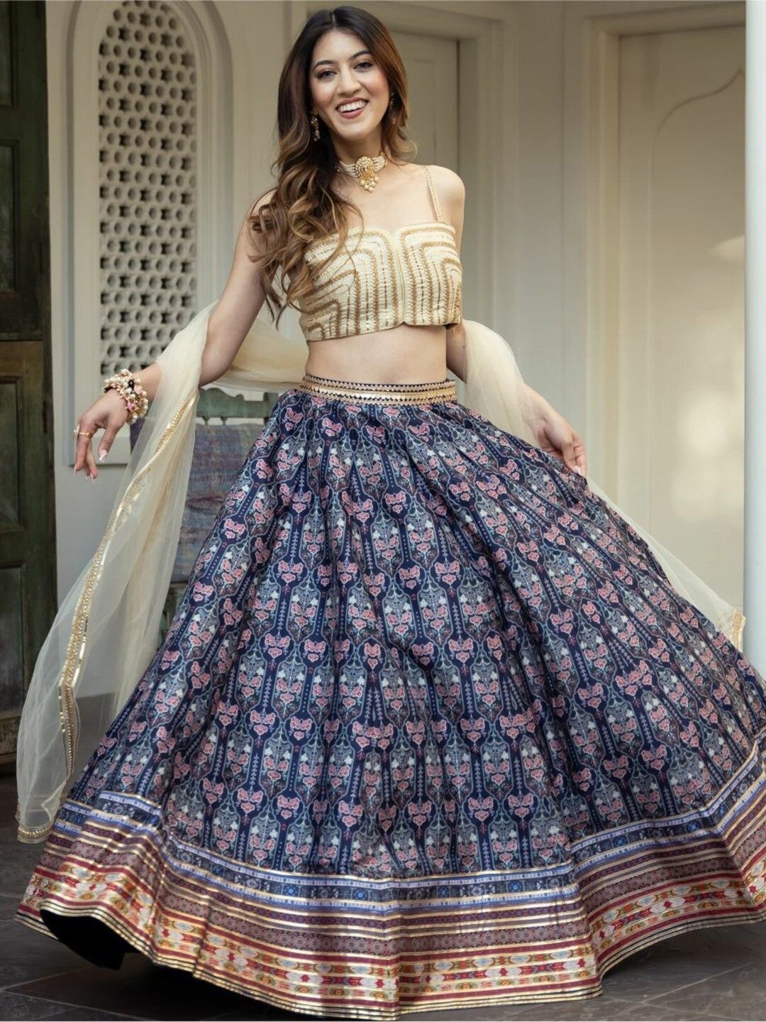 Blue Lehenga Choli For Women Or Girls Digital Print With Gota Patti Work Lehenga Cholo