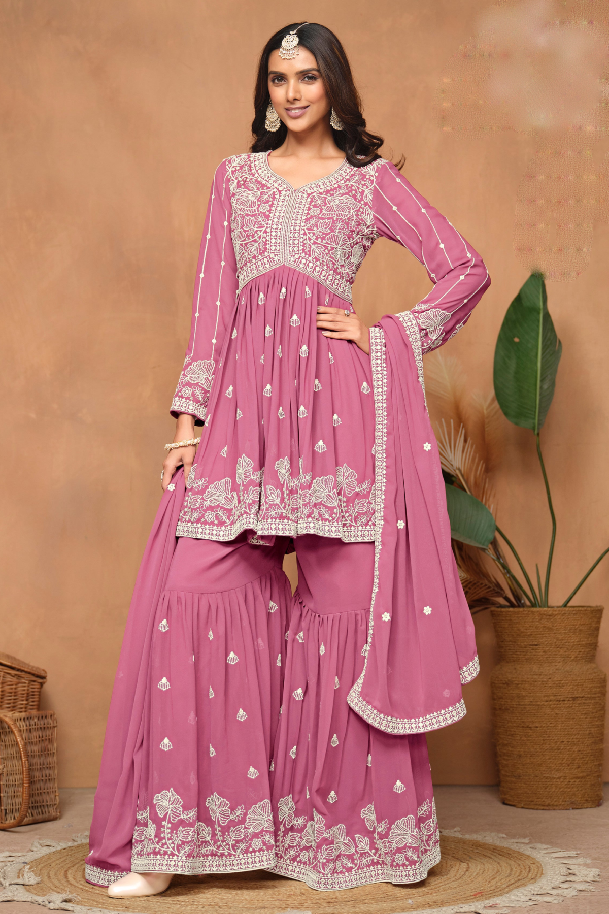 Light Pink Embroidered Sararara Dress In Georgette