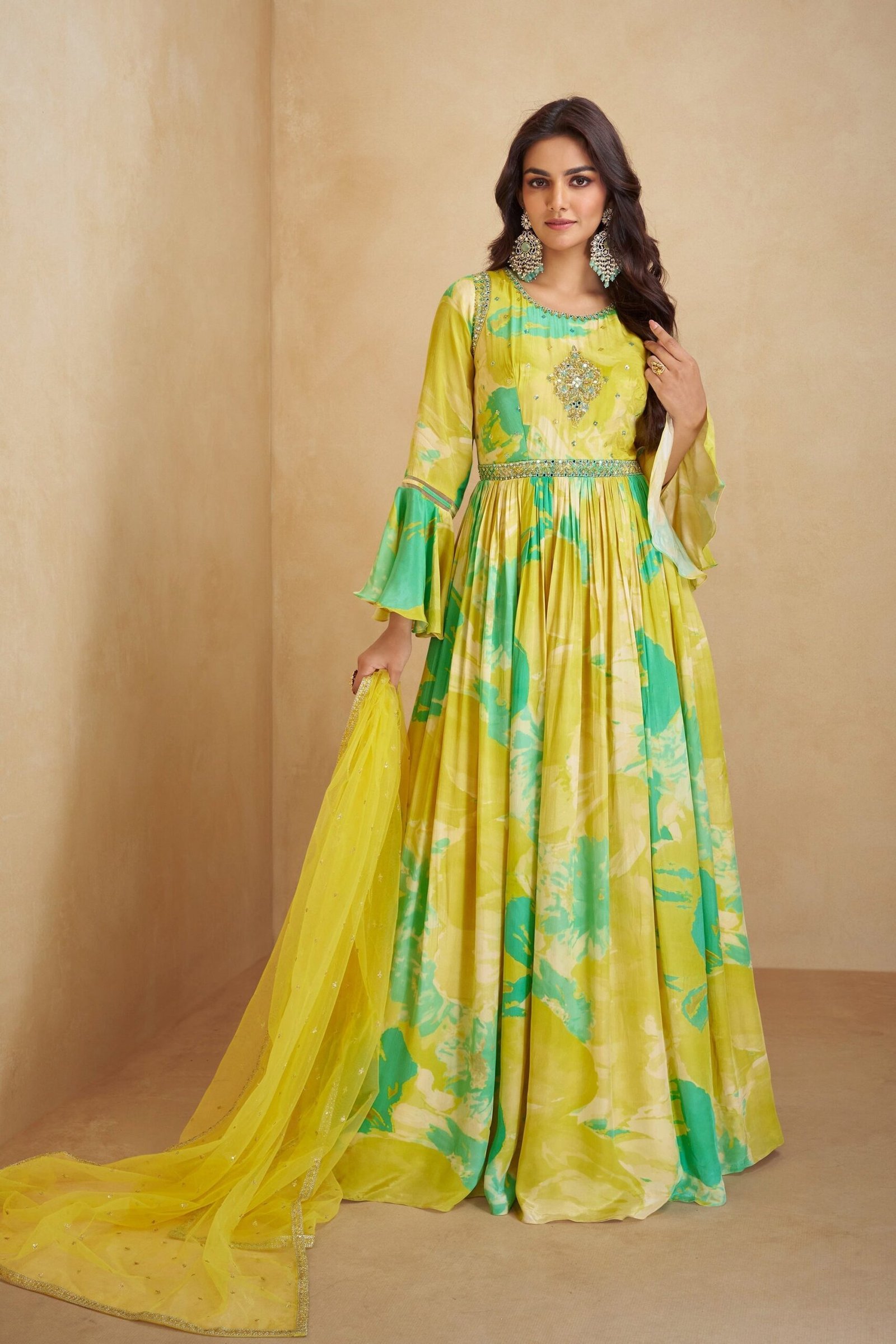 Yellow Anarkali Suit Flower Printed Long Dupatta Gown Dresses