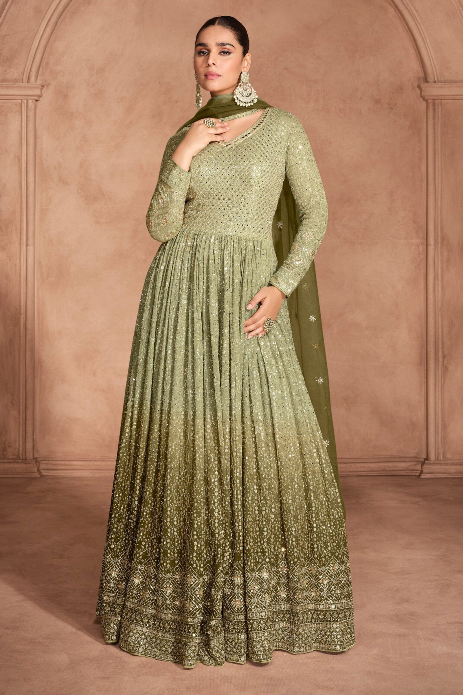 Green Anarkali Suit Heavy Embroidery Worked For USA Women's