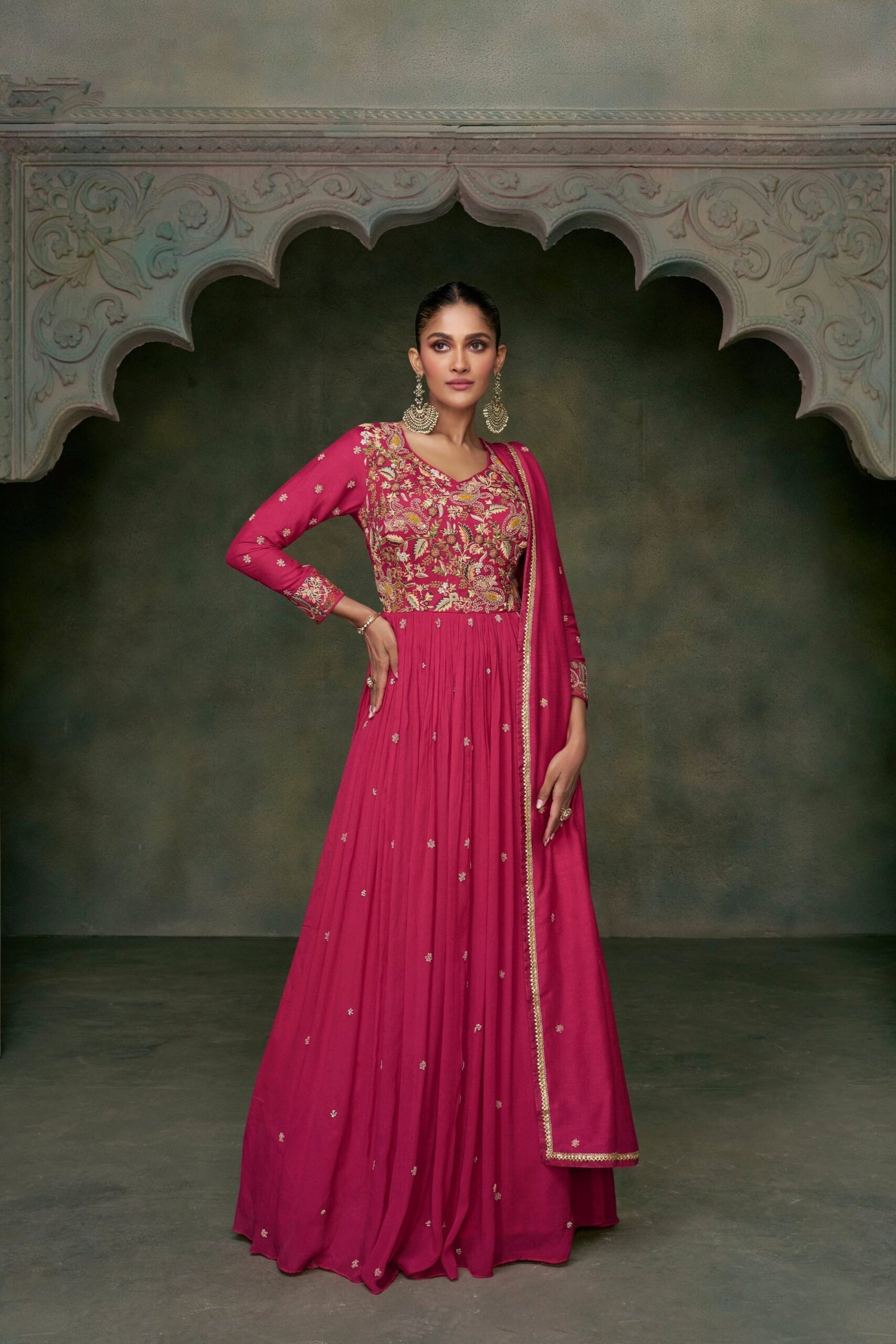 Pink Anarkali Gown Eid Party Wear Embroidery Worked With Dupatta