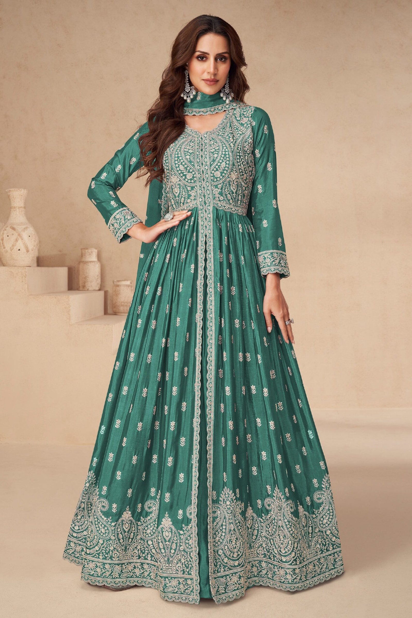 Heavy Embroidery Worked Anarkali Gown with Dupattas Suit's