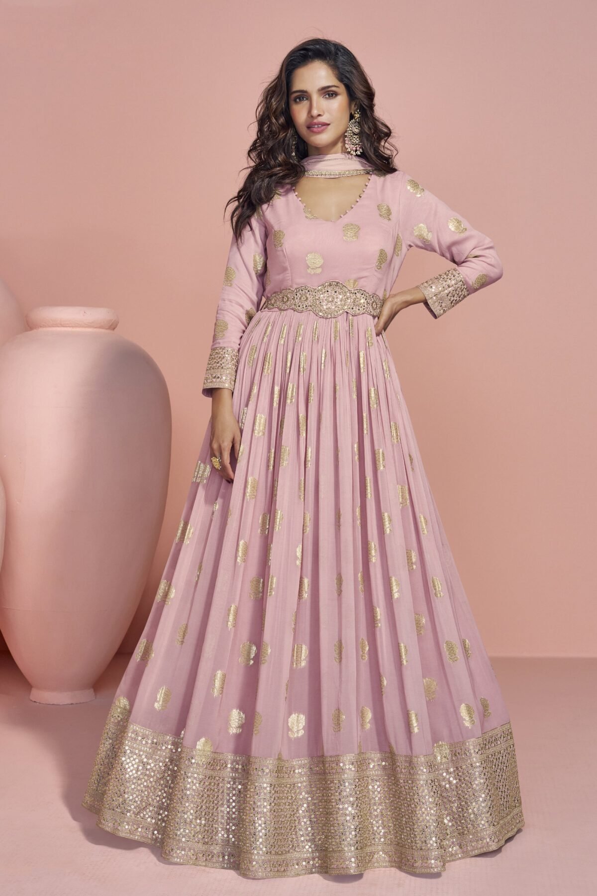 Pink Anarkali Gown Party Wear Silk Dupatta Dresses for USA Girl's