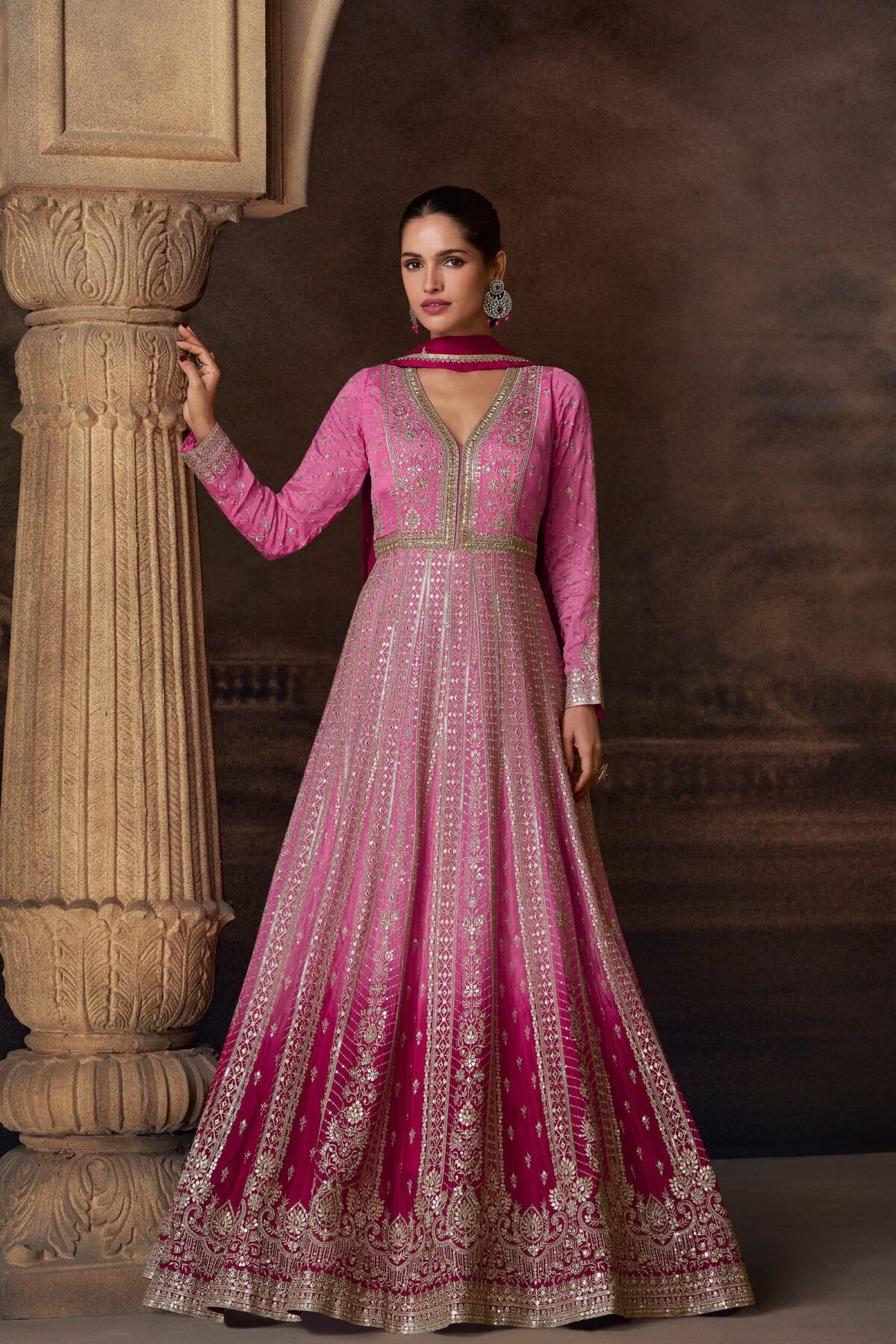 Designer Pink Anarkali Embroidery Work Stylish Gown Dupatta Suit