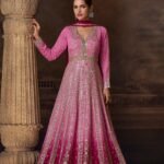 Designer Pink Anarkali Embroidery Work Stylish Gown Dupatta Suit